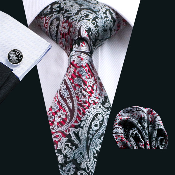 Hot Fashion Black Hankerchief Cufflinks Jacquard Woven Classic Business Formal Work Neck Tie Set Paisely Silk Ties Set For Men Wholesale