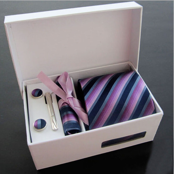 Retail Mens Necktie Sets 8 cm Ties+Cufflinks+Pocket square+Tie clip + Gift Box +Paper Bag 6 Pieces Sets Free Shipping 1 SET