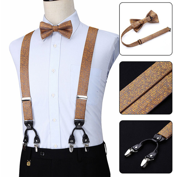 Pre Tied Bow tie And Pocket Square Set Party Wedding Checks Solid Fashion Various 6 Clips Suspender Adjustable Braces S05