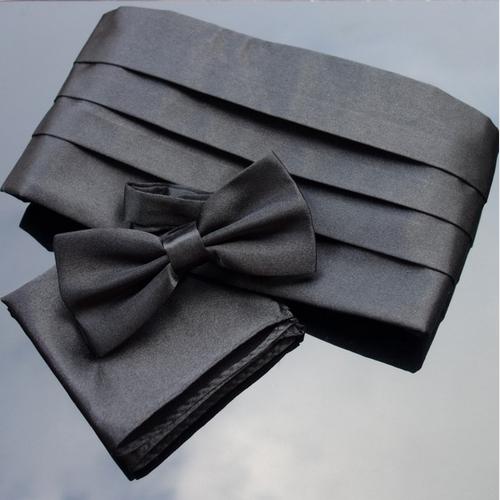 Ikepeibao Black Cummerbund Sets Pocket Square & Bowties Premium Men's Tuxedo Formal Noeud Papillon Sash Wide Belts Ceremonial Belt