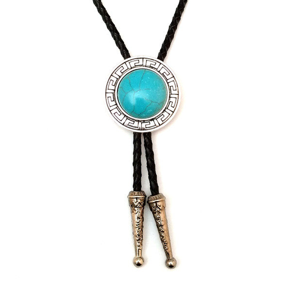 Handmade Western Cowboy Bola Tie leather chain bolo tie for men with turquoise decoration Metal buckle Fashion male accessories