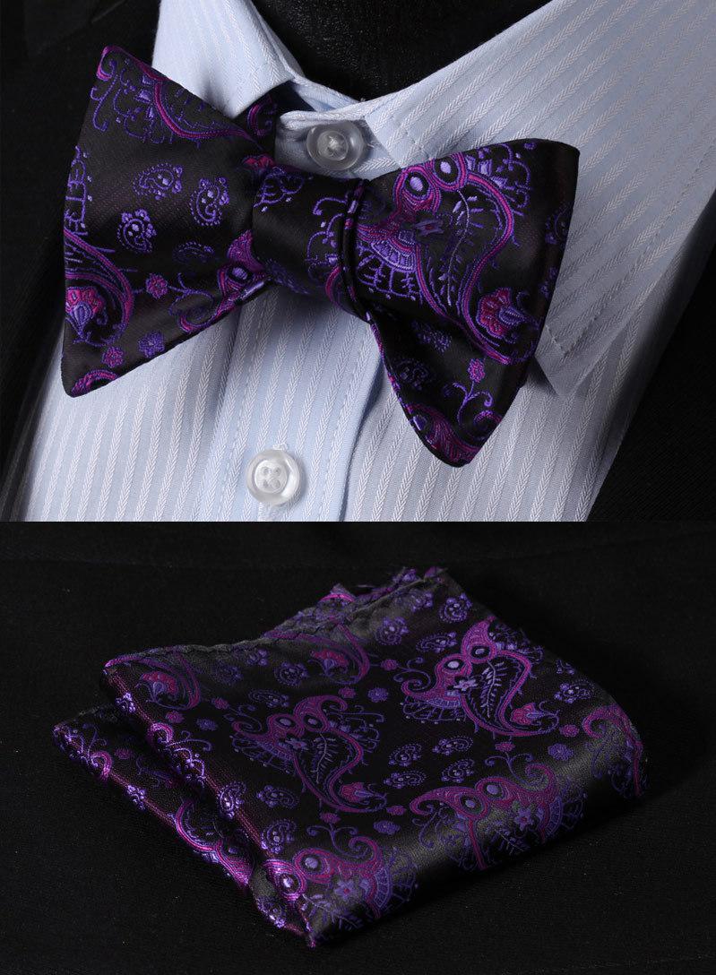 Purple Black Floral Classic 100%Silk Jacquard Woven Men Self Bow Tie BowTie Pocket Square Handkerchief Suit Set