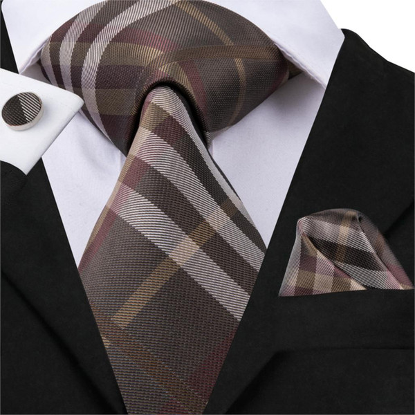 2019 New Arrival Necktie For Men Casual Fashion Style Luxury Design Brown Plaid Mens Ties Hanky Cufflinks Set Suit Business