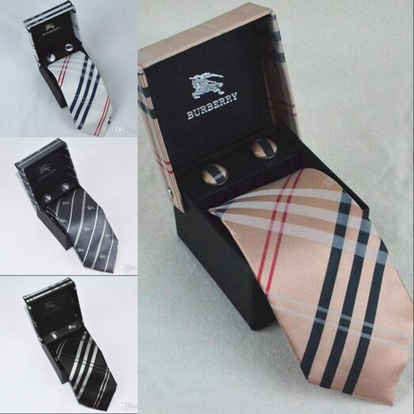 2019 hot Sale 6Colors New arrived Men Silk Ties & Cufflinks & hanky Fashion Mens Neck Ties luxury brand b tie with box Business Leisure