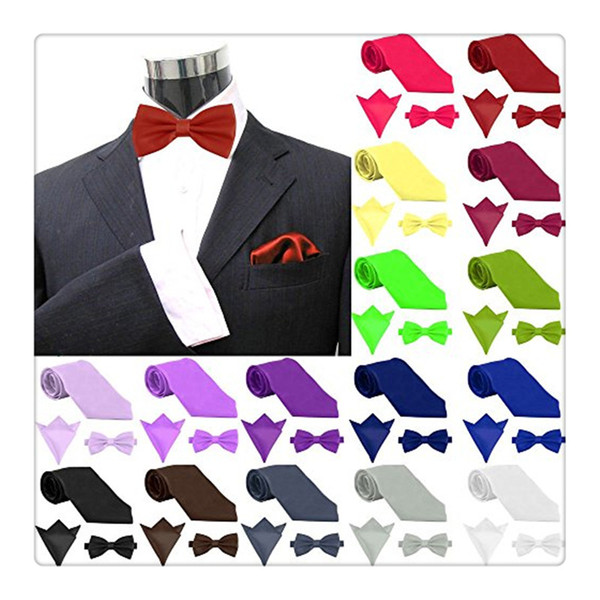 2017 Fashion Mens Ties Set Polyester Skinny Neck Ties Satin Solid Color NeckTies Hanky Handkerchief Pocket Square 3pcs Set Men Gift Ideas