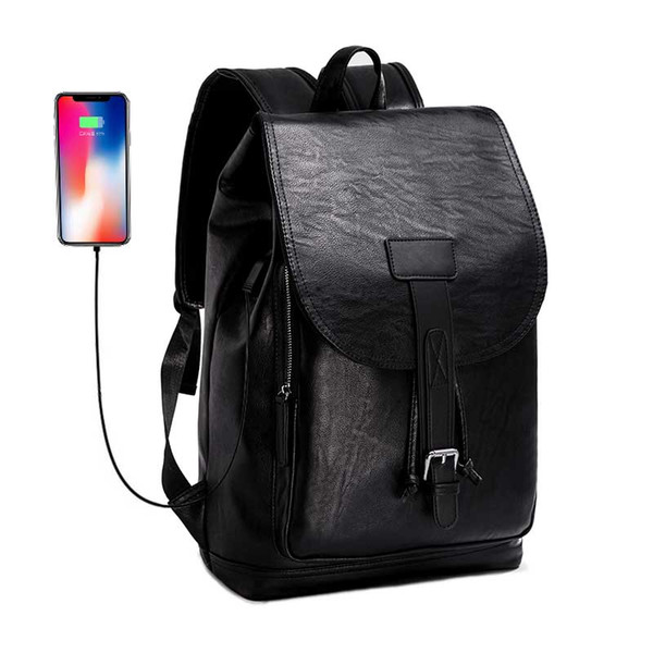 Casual Men's Backpack USB Charge Male Bag Large PU Leather Backpacks Waterproof School Bags Soft Handle Travel Backpack For Man