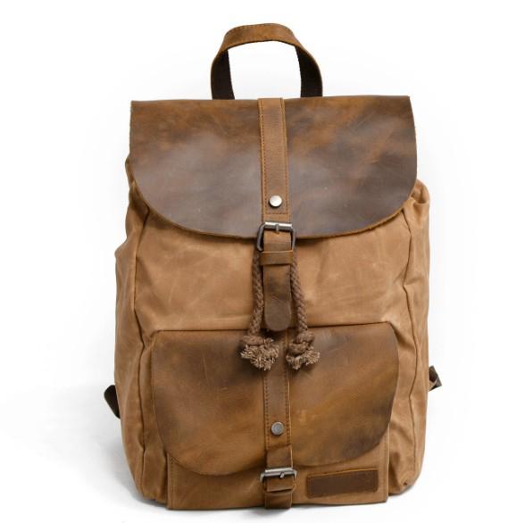 Oil wax canvas double shoulder waterproof outdoor travel with crazy horse leather leisure backpack