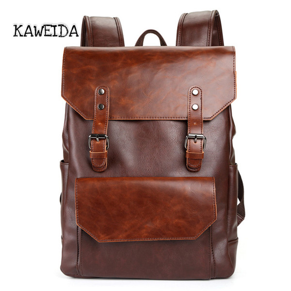 Vintage PU Leather Laptop Backpack School Bookbag Travel Daypack Fashion Rucksack College Computer Bag for Men Boy Student Black