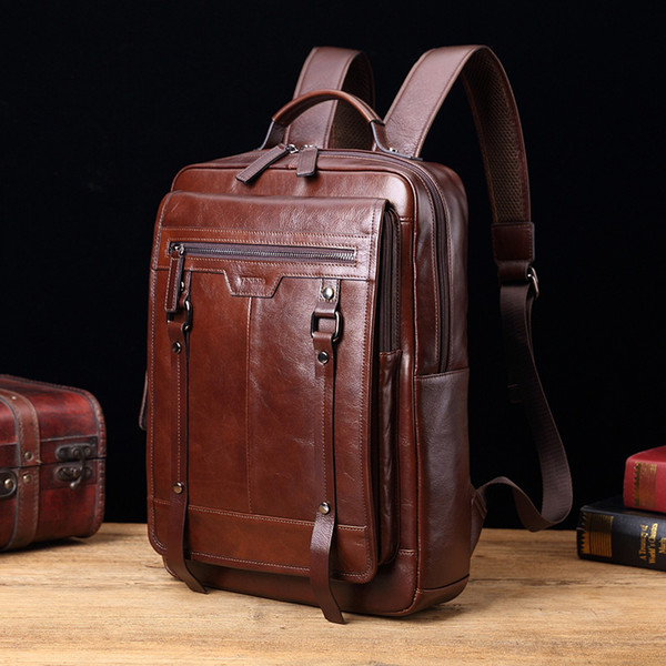 New Genuine leather Men backpack retro casual 15