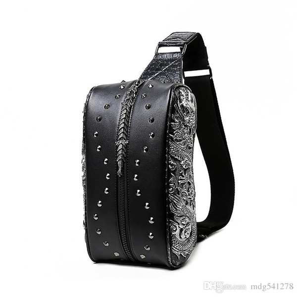 Men Fashion Punk Rock Rivets Chest Bag Embossing Dragon Male Spring Summer Travel PU Leather Crossbody Bags