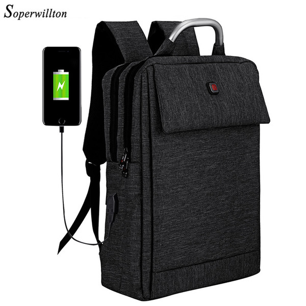 Soperwillton 2018 Brand Laptop Backpack USB Charge Port Men Backpack Top Handle Work Bag 15.6 inch rucksack men Black Bag Men Y1890401