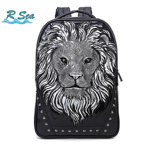 Men's bag ladies PU backpack shoulder bag animal lion head travel computer large school backpack high quality