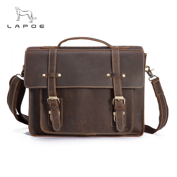 LAPOE Crazy Horse Genuine Leather Men Tote Handbag Fashion Crossbody Shoulder Bags Messenger Bag New Briefcase For Male Handbags