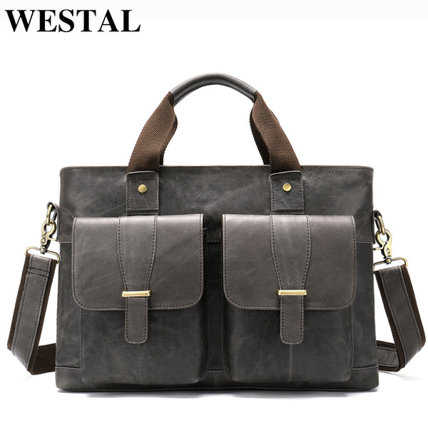 WESTAL Large Leather Briefcases Men's Genuine Leather Briefcase for Laptop 14 Messenger Bag Men Laptop Bags Office/Work Bag 8520