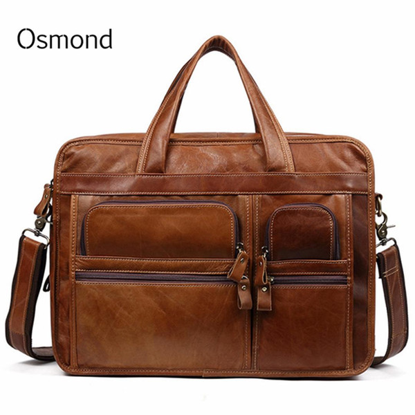 Osmond 100% Cowskin Genuine Leather Men's Briefcase Large Capacity Business Bag Shoulder Laptop Bag Tote Portfolio 2019 New