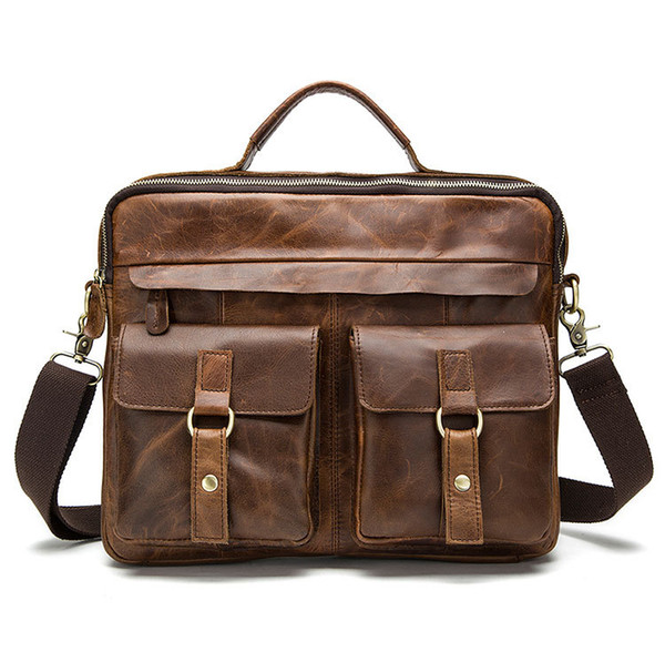 2018 Men Retro Briefcase Business Shoulder Bags Genuine Leather Crossbody Handbag Computer Laptop Men's Messenger Travel Bag