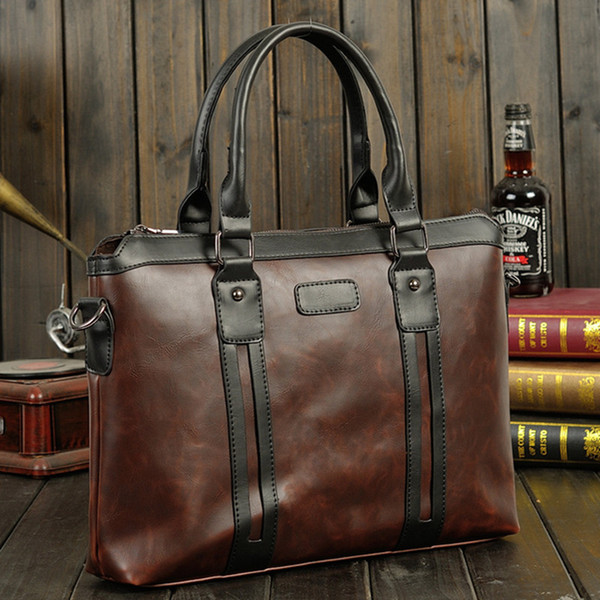 Men's Vintage Briefcase Waterproof PU Leather Handbag male Computer Laptop bag Business office shoulder bags Large capacity Tote