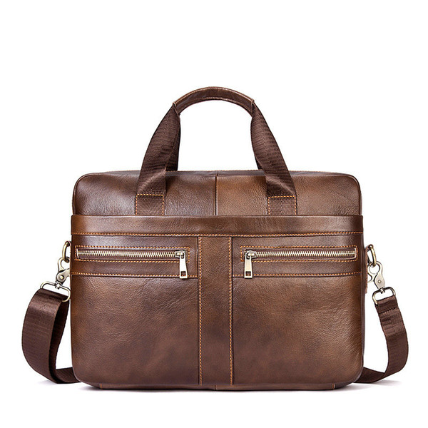 100% Natural Cowhide Leather Handbag Zipper Men Business Polyester Two Silt Pocket Soft Handle 14 Inches Briefcases Bags