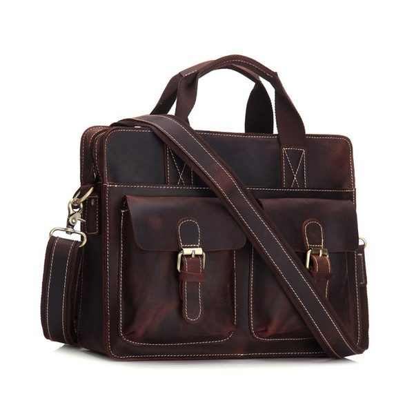 Genuine Leather Bag Men Briefcase Crazy Horse Leather Laptop Computer Bag Business Handbag Coffee Messenger Bolsa Hombre