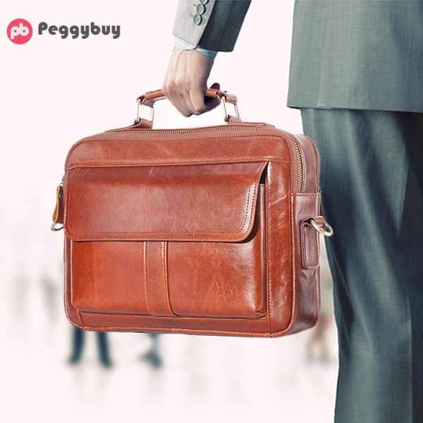 Genuine Leather Real Leather Laptop Bag Business Handbags Cowhide Men Crossbody Bag Men's Travel Brown Briefcase