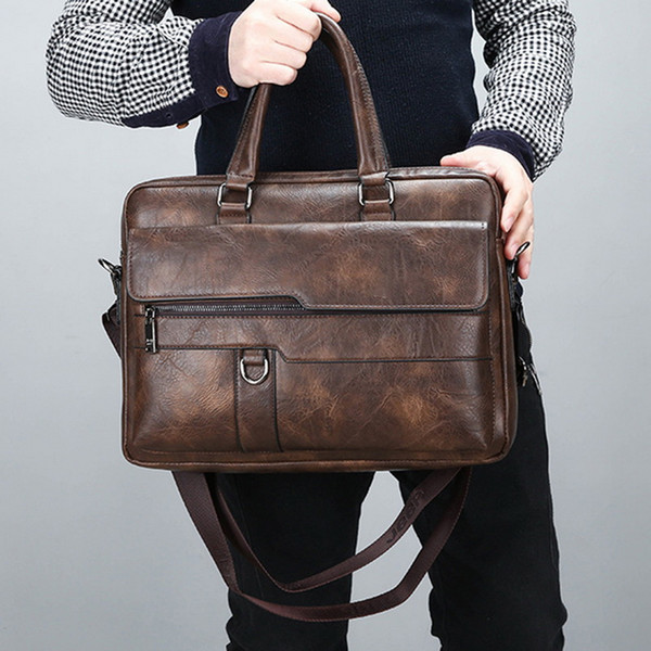 PUIMENTIUA Retro Men Solid Color Bag Faux Leather Briefcase Large Capacity Shoulder Bag Large Casual Business Laptop Briefcase