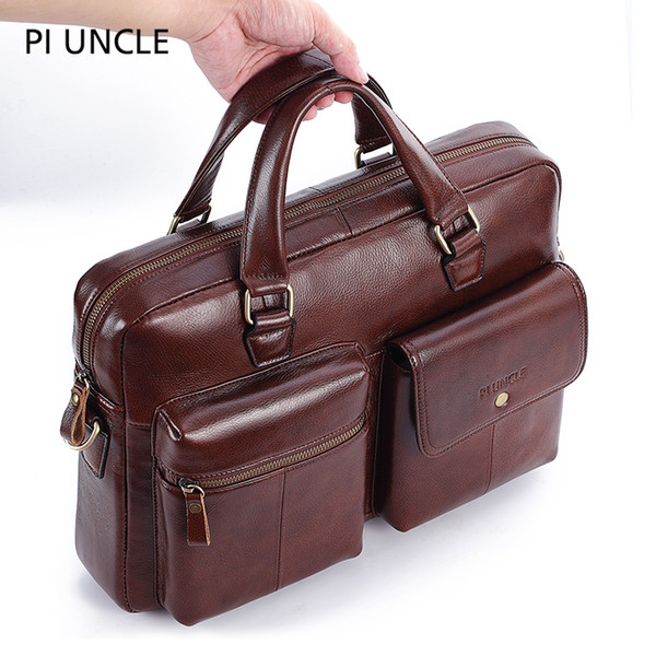 PIUNCLE Brand Genuine Leather Vintage Briefcase Messenger Bags 14inch Laptop Large Capacity Shoulder Bag Big Handbag Soft Lether