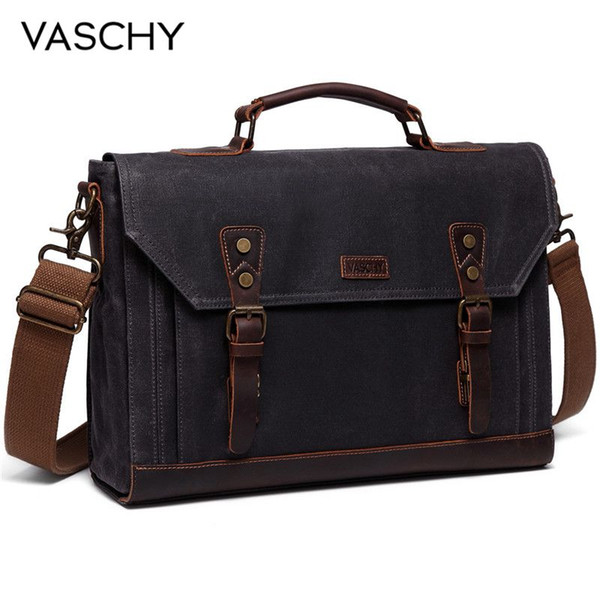 VASCHY Canvas Messenger Bag for Men Vintage Leather Bag Men Waxed Canvas Briefcase for 17.3 inch Laptop Office Bags