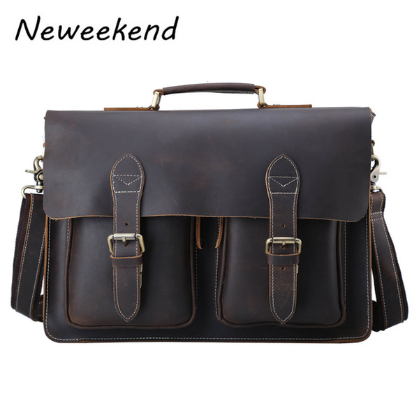 Wholesale- Top Grade Handmade Mens Real Crazy Horse Leather Briefcase Vintage Style Messenger Shoulder 15 inch Laptop Bag Case Handbag 1061