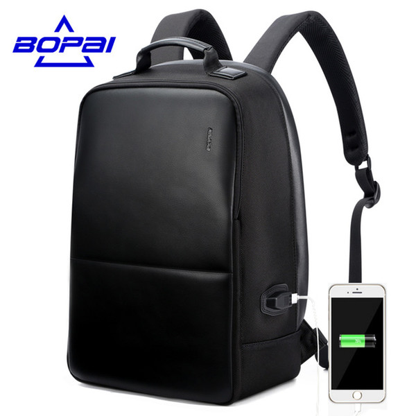 BOPAI Anti Theft Notebook Backpack External USB Port Men Leather Travel Backpack Waterproof Laptop Backpack School Bag Mochila