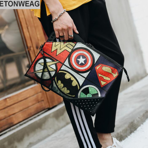 Factory brand men bag fashion woven handbag street tide male personality skeleton skull leather hand grab bag printing fashion hand bag