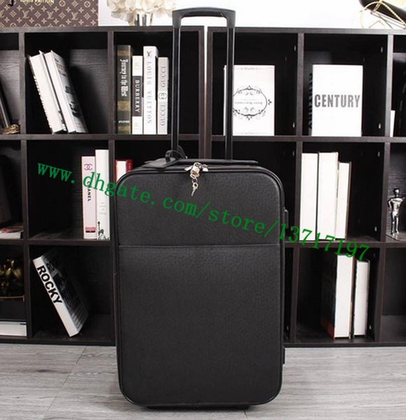 Top Grade Men Real Calf Leather Travel Suitcase Designer Rolling Luggage Black Taiga PEEGASE LEEGERE M30005 Free Shipping