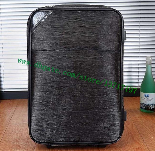 Top Grade Men Real Calf Leather Travel Suitcase Designer Rolling Luggage Black Rippled PEEGASE LEEGERE M20022 Free Shipping