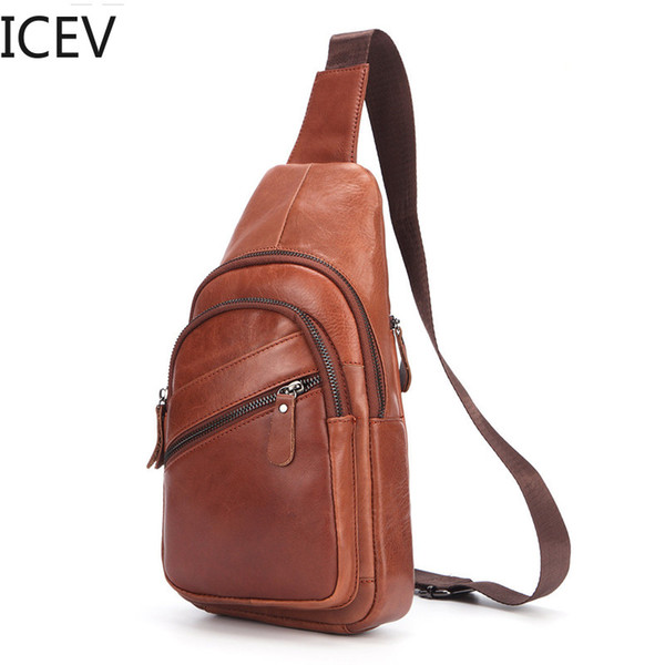 ICEV European Fashion Men's Genuine Leather Chest Bag Shoulder Bag Casual Messenger Youth Business Travel Multi-function