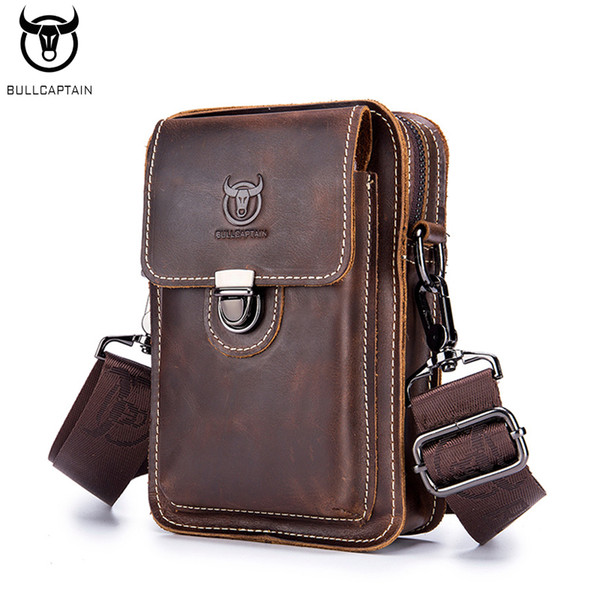 BULLCAPTAIN Men's Leather Casual Wear Belt Mobile Phone Waist Bag Head Layer Cow Leather Trend Multi-function Shoulder Messenger
