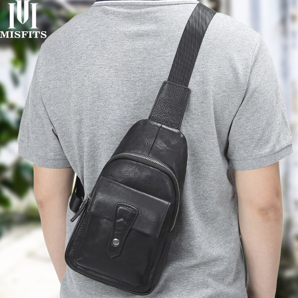 MISFITS Genuine Leather Men Crossbody Bags Casual Chest Bags Travel Vintage Messenger Bag Man Shoulder Bag with Zip Phone Packet