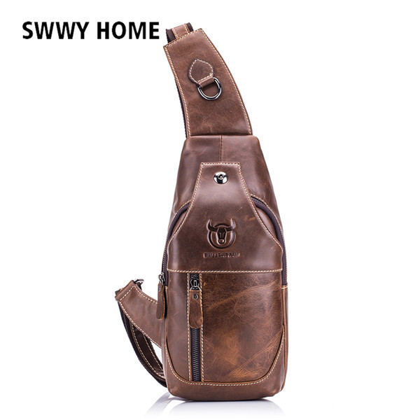 Men Cowhide Genuine Leather Crossbody Bags Messenger Chest Bag Pack Vintage Bag Male Music Headphone Plug Shoulder Strap Pack