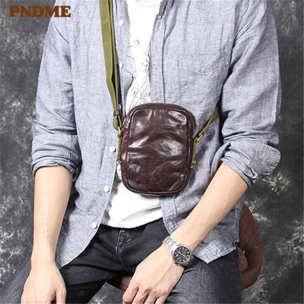 PNDME fashion vintage luxury genuine leather men's small chest bag casual high-quality cowhide teens mini shoulder crossbody bag