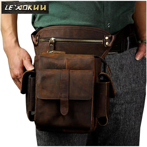 New Top Quality Genuine Real Leather men vintage Brown Small Belt Bag Waist Pack Drop Leg Bag