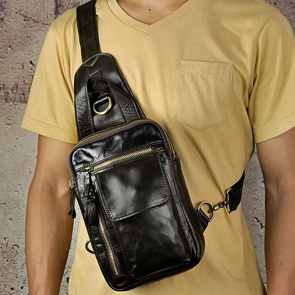 Genuine Leather Men Chest Bags Crossbody Multi-Functional Shoulder Messenger Bag Vintage Sling Day Back Pack