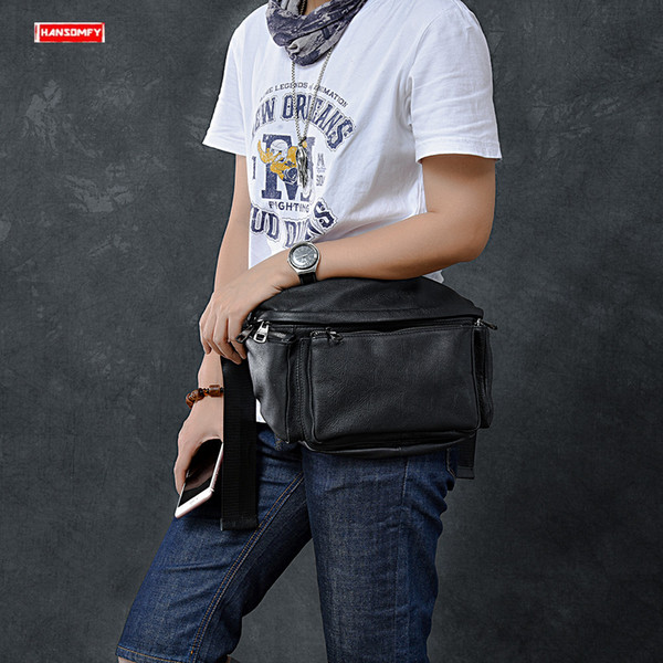 New first layer leather men's Waist packs retro genuine leather Multi-pocket trend large capacity male soft black bags