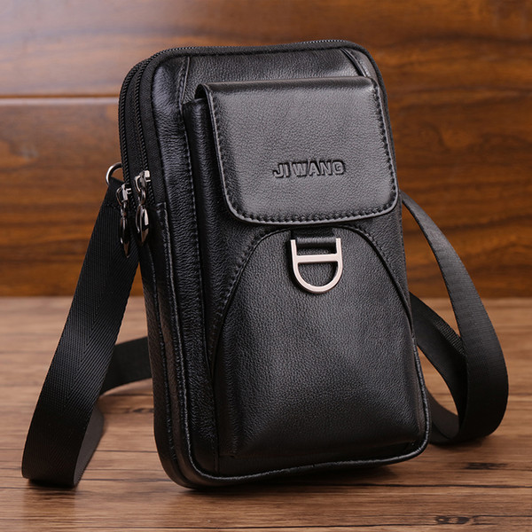 JI WANG New Fashion Genuine Cowhide Leather Vintage Waist Packs Mobile Phone Pouch Waist Bag Belt Travel Fanny Pack Hip Bag