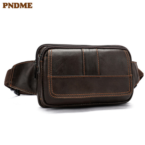 PNDME casual simple genuine leather men's waist packs chest bag vintage outdoor high quality cowhide fanny pack messenger bags