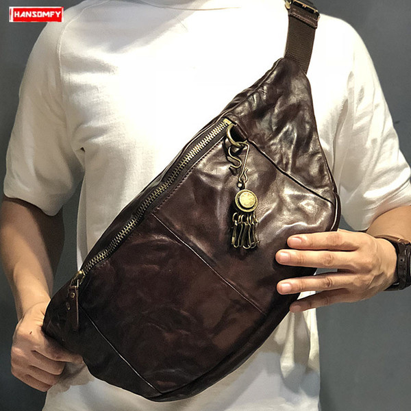 2019 new handmade original suede leather men's chest bag retro genuine leather shoulder bag folds men Waist pack messenger bags