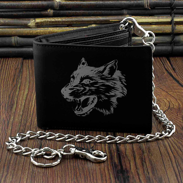 Wolf design Leather Mens Bi-Fold Wallet BLACK w/ Biker long Chain