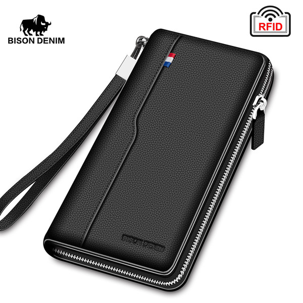 Bison Denim Real Cow Leather Men Wallets Genuine Leather Long Purse For Men Rfid Zipper Large Capacity Card Holder Purse N8226 Q190430