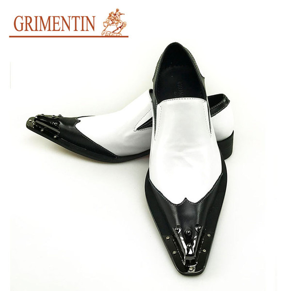 GRIMENTIN Fashion Brand Men Dress Shoes White-Black Slip-On Metal Pointed Toe Genuine Leather Business Party Shoes 2020 newest