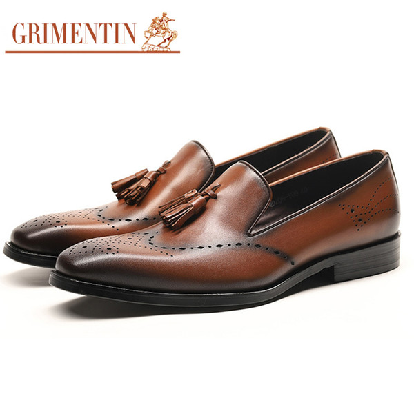 GRIMENTIN 2020 Newest Hot Sale Men Loafer Shoes 100% Genuine Leather Slip On Tassel fashion dress Shoes Male For Office Party