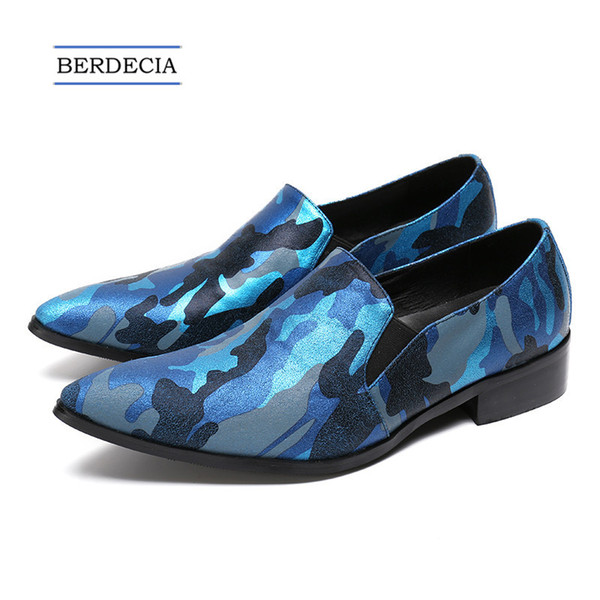 Big Sale 2018 Men Shoes Classic Designer Blue Camouflage Print Genuine Leather Shoes For Party Men Flats Shoes Pas Cher Chaussures 38-47