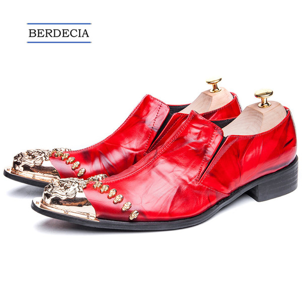 2018 Luxury Italian Gold Metal Toe Men Dress Shoes Red Genuine Leather Party Wedding Formal Male Shoes Plus Size 38-47