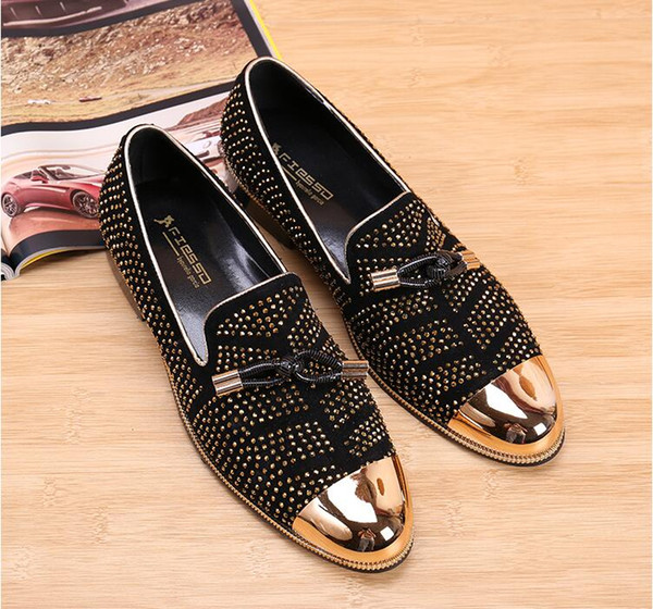 2019 Fashion Casual Formal Shoes For Men Black Genuine Leather Tassel Men Wedding Shoes Gold Metallic Mens Studded Loafers size :38-46